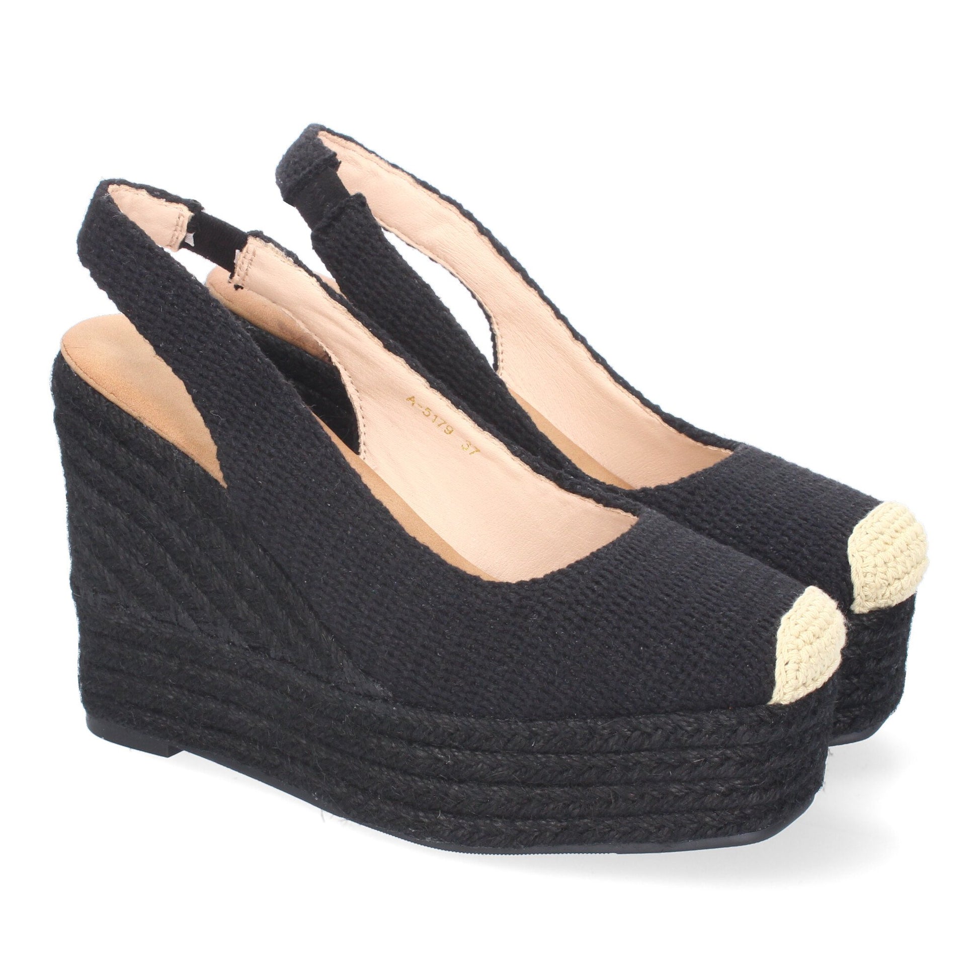 Sandalia de cuña de yute negra para mujer, pala cerrada con bordados y cierre elástico, ideal primavera verano.