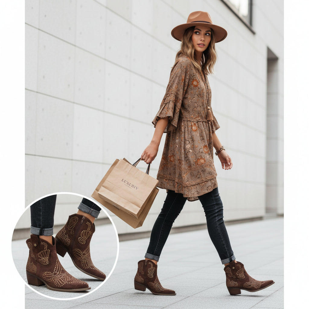 Botín campero de mujer en color marrón, con adorno de tachuelas, punta fina y tacón bajo.