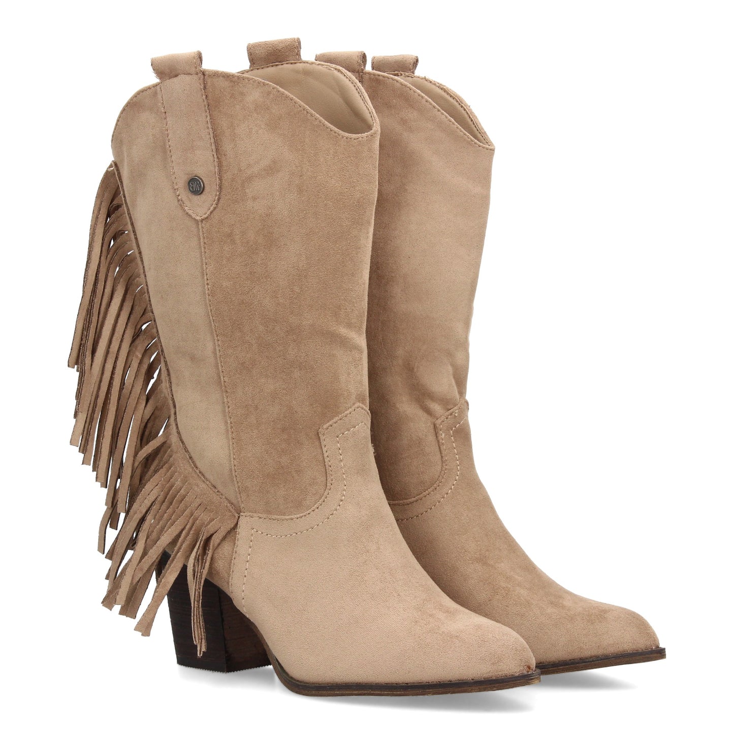 Bota cowboy beige de media caña con flecos laterales, tacón ancho y cremallera, estilo western.