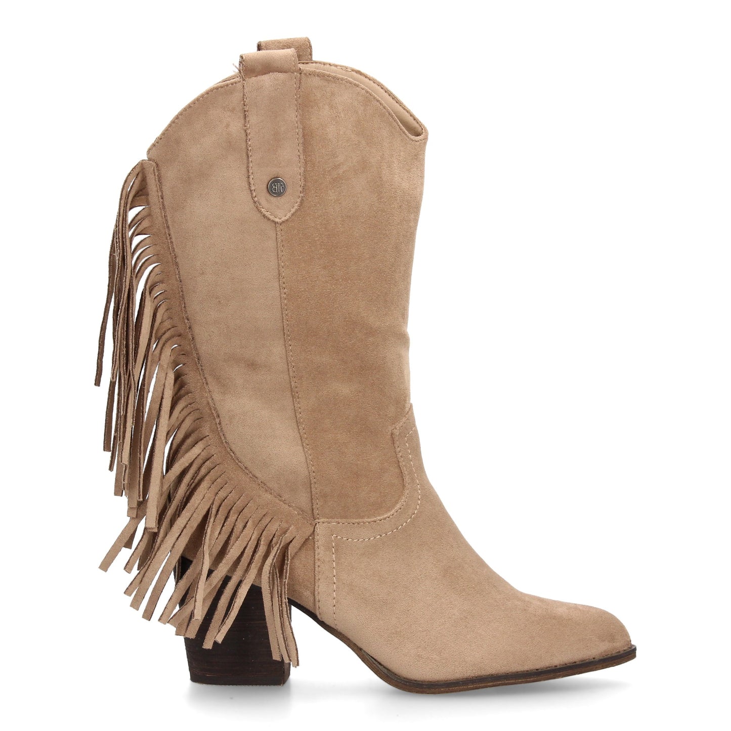 Bota Cowboy Media Caña Beige con Flecos y Tacón Ancho