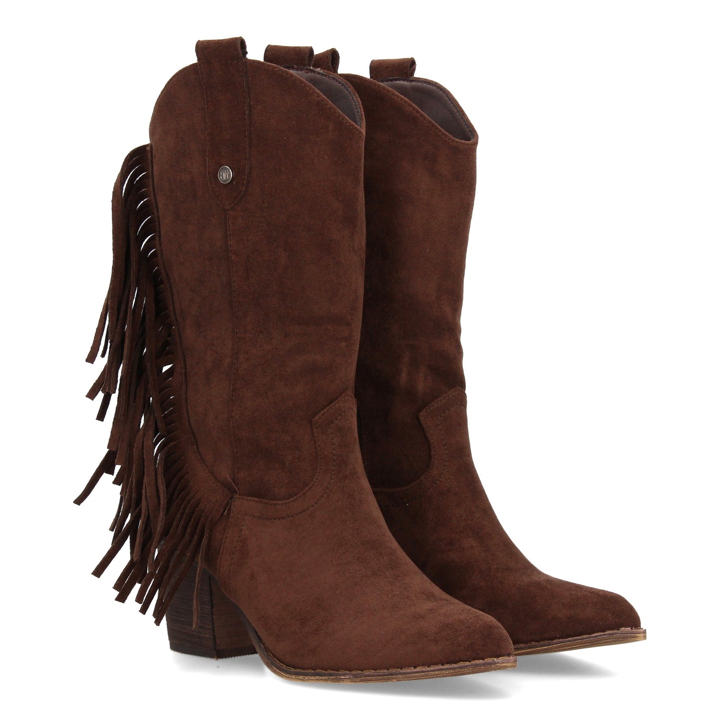 Bota cowboy color café de media caña con flecos laterales, tacón ancho y cremallera, ideal para el frío.