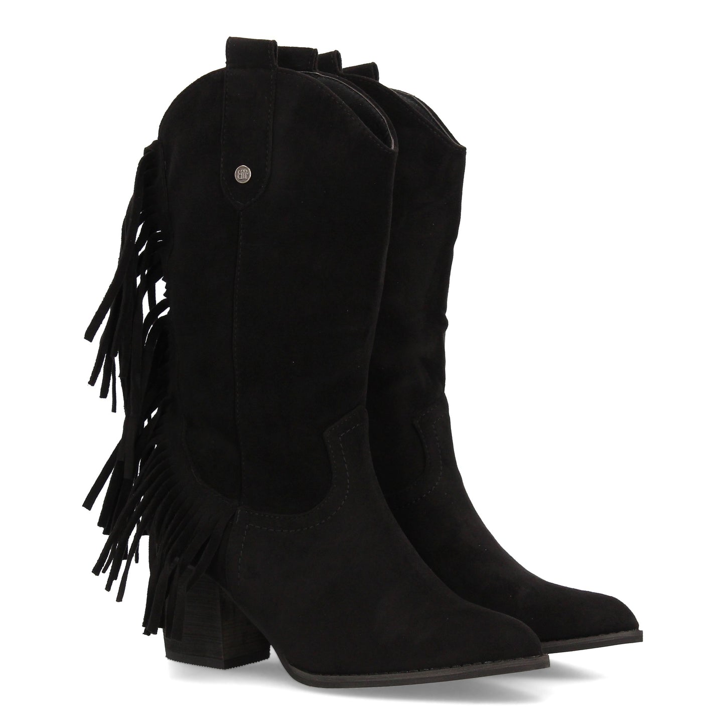 Bota cowboy negra de media caña con flecos laterales, tacón ancho y cremallera, ideal para otoño e invierno.