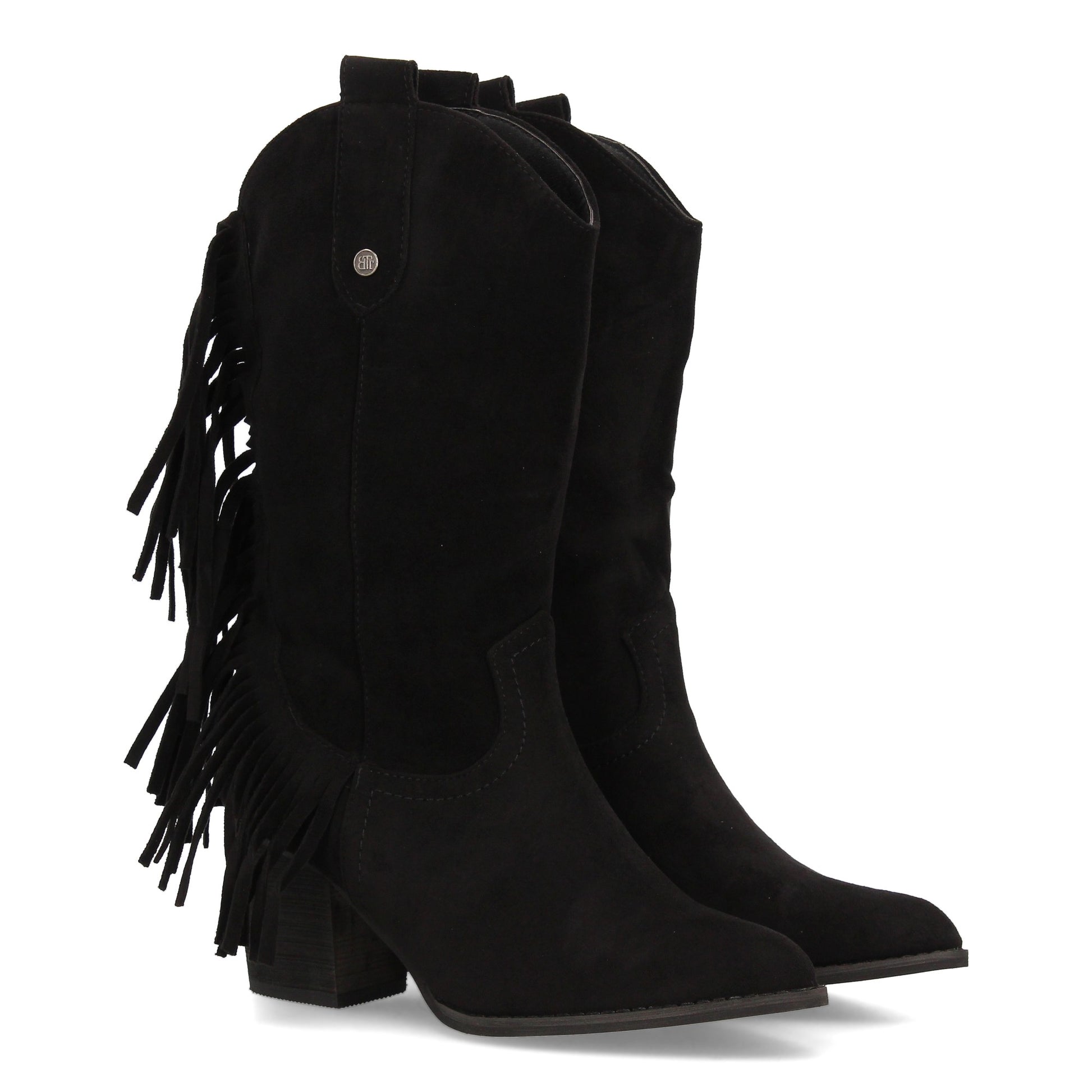 Bota cowboy negra de media caña con flecos laterales, tacón ancho y cremallera, ideal para otoño e invierno.