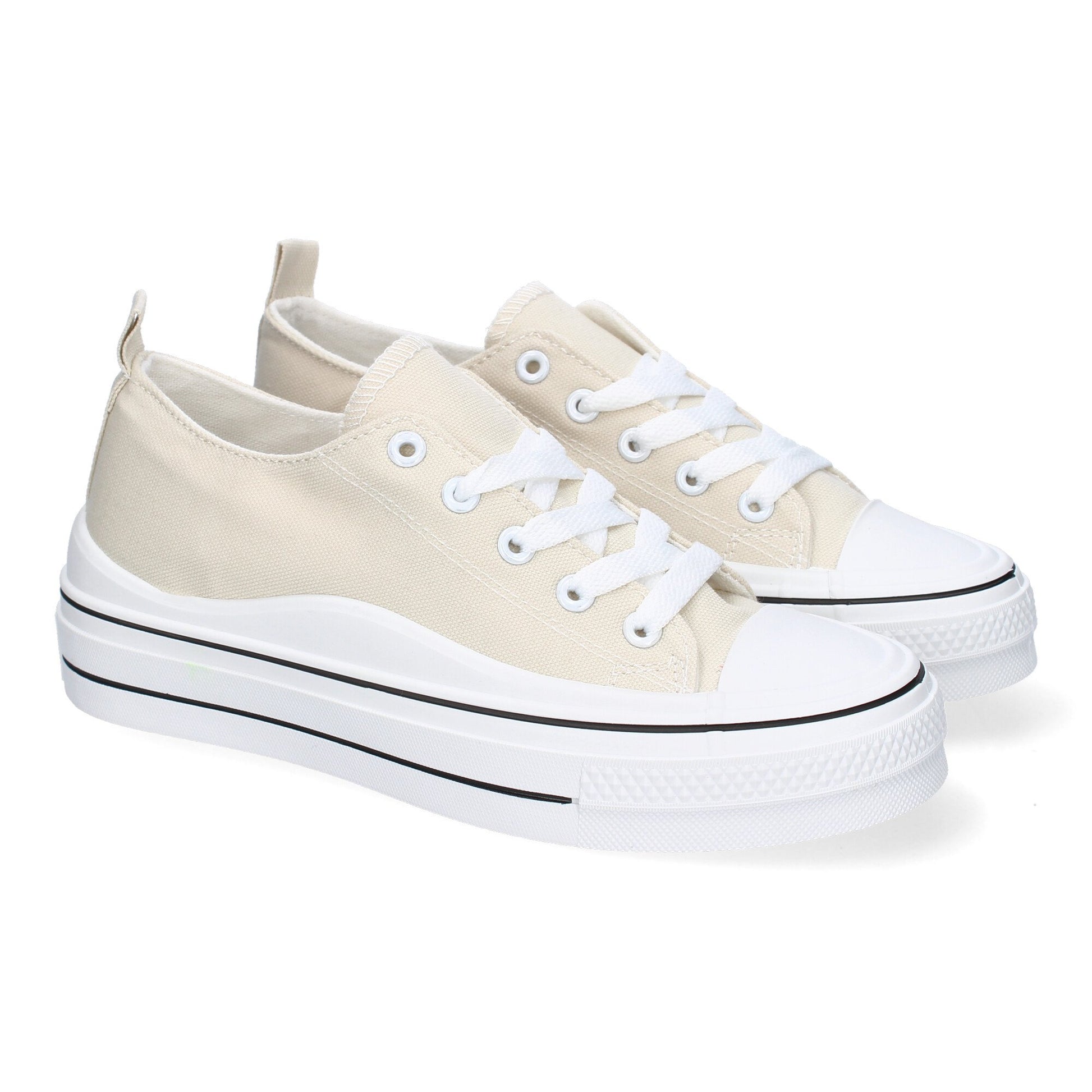 Zapatilla plana beige estilo bamba de mujer, material textil, cierre de cordones, primavera verano.