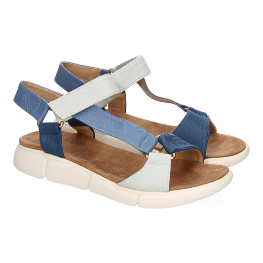 Sandalias planas azules de mujer, tiras multicolor, diseño moderno y cierre de velcro.