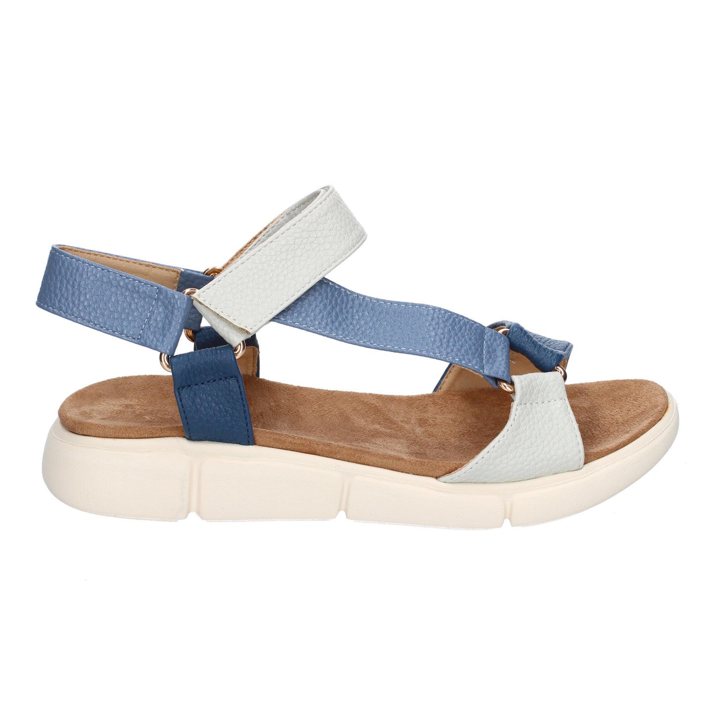 Sandalias Planas Azules Mujer Tiras Multicolor y Velcro