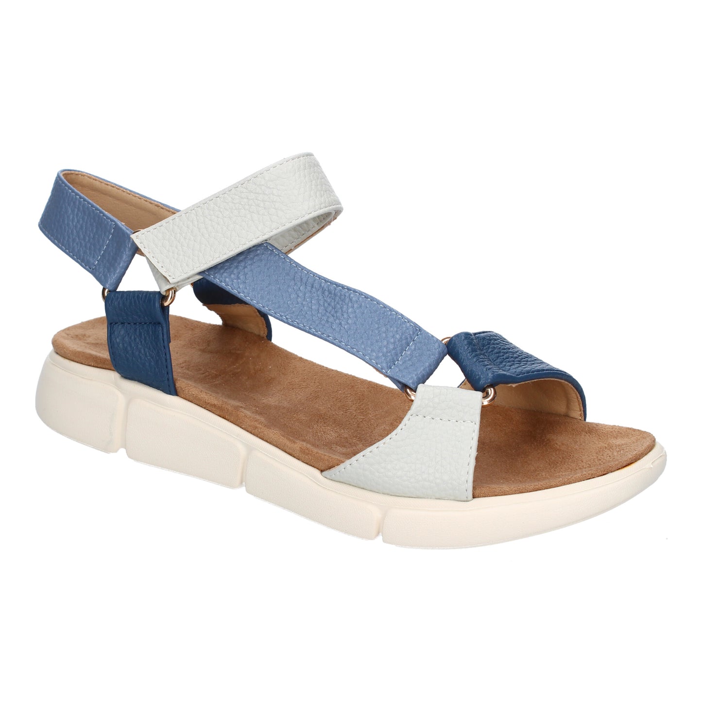 Sandalias Planas Azules Mujer Tiras Multicolor y Velcro