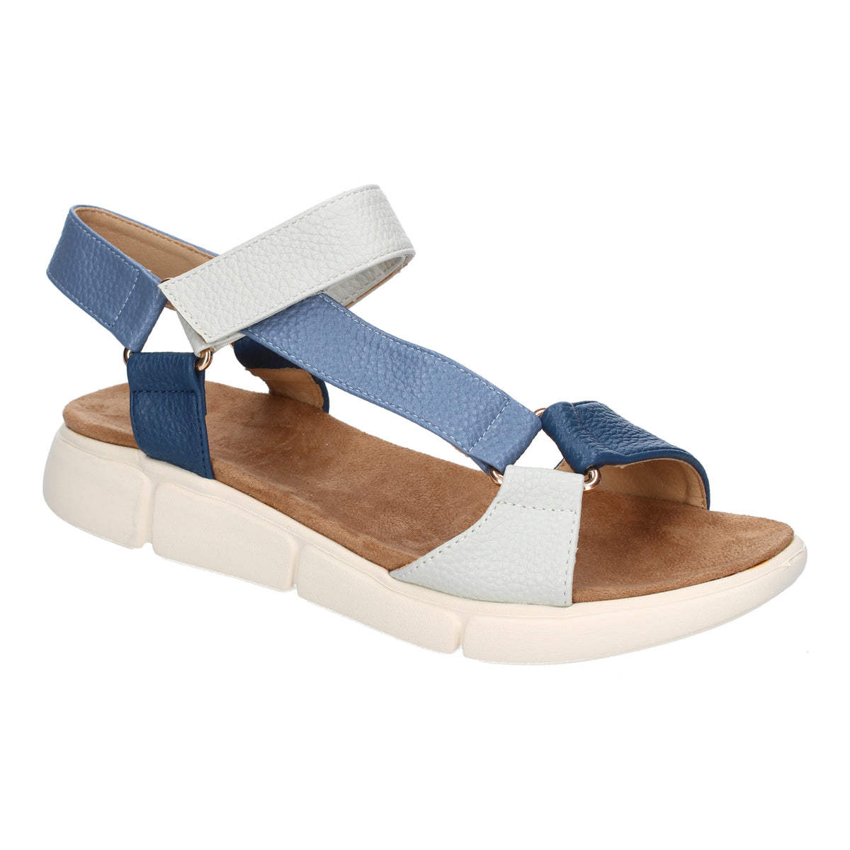 Sandalias Planas Azules Mujer Tiras Multicolor y Velcro