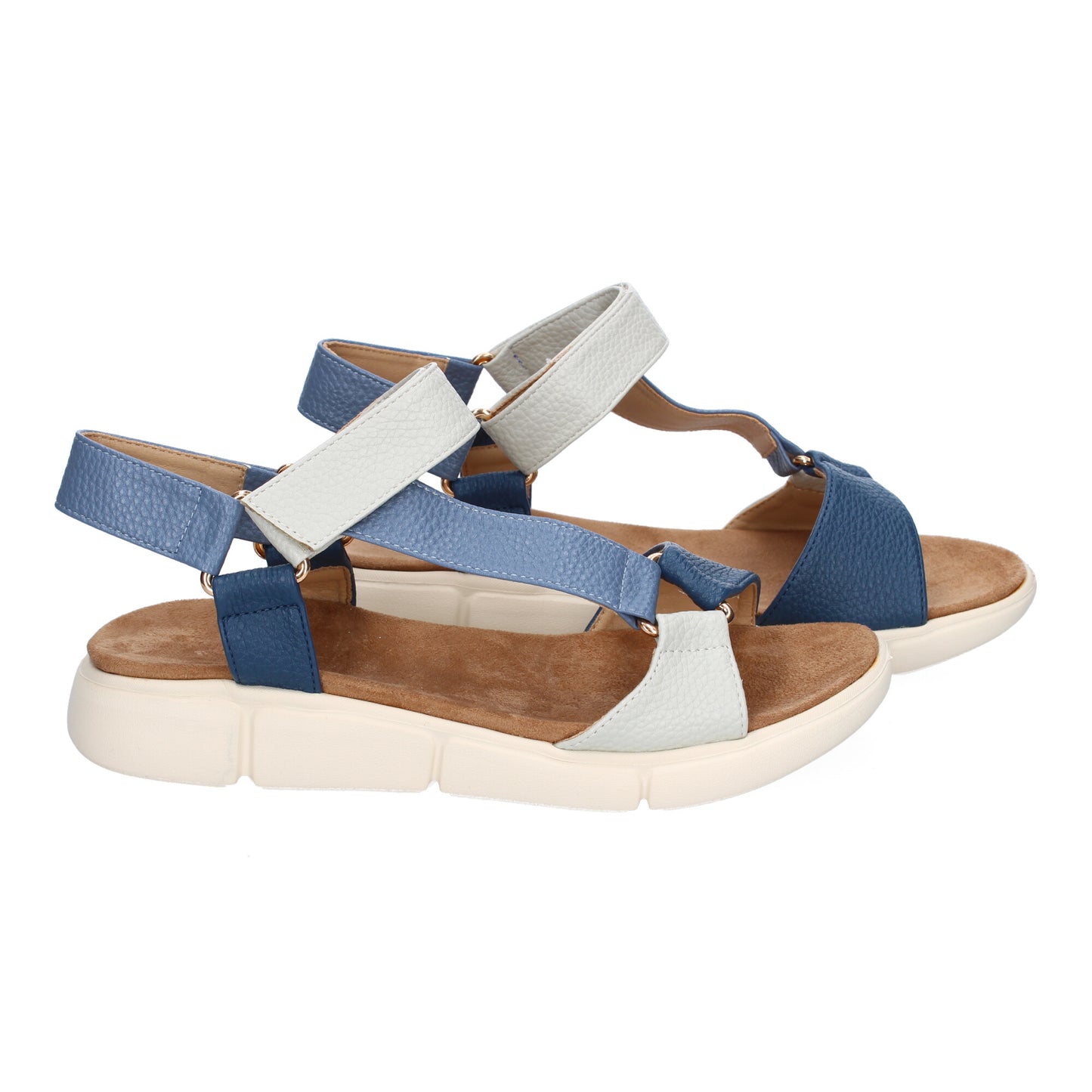 Sandalias Planas Azules Mujer Tiras Multicolor y Velcro