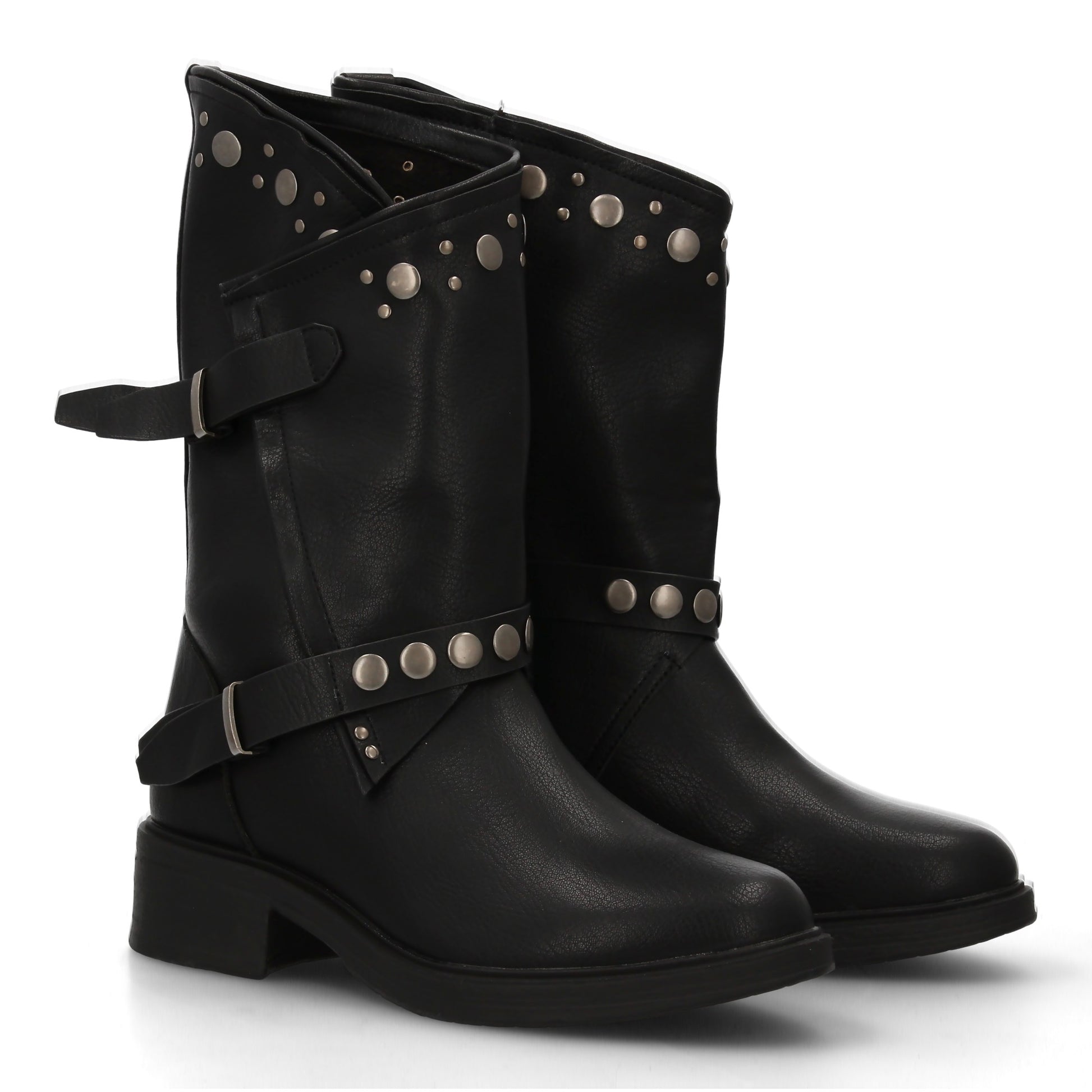 Botas negras urbanas para mujer con tachuelas, cremallera y doble hebilla, ideal otoño invierno.