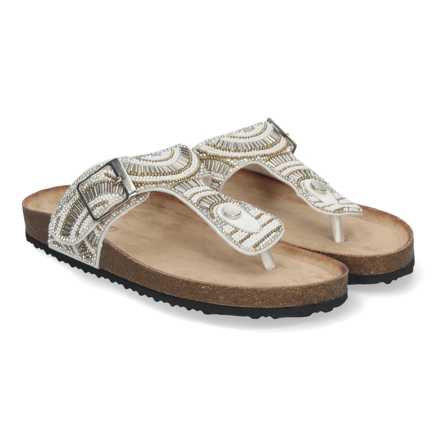 Sandalia Plana para Mujer con Planta Bio Cómoda Estilo Esclava con Piedras de Strass en la Pala y Detalle de Hebilla.