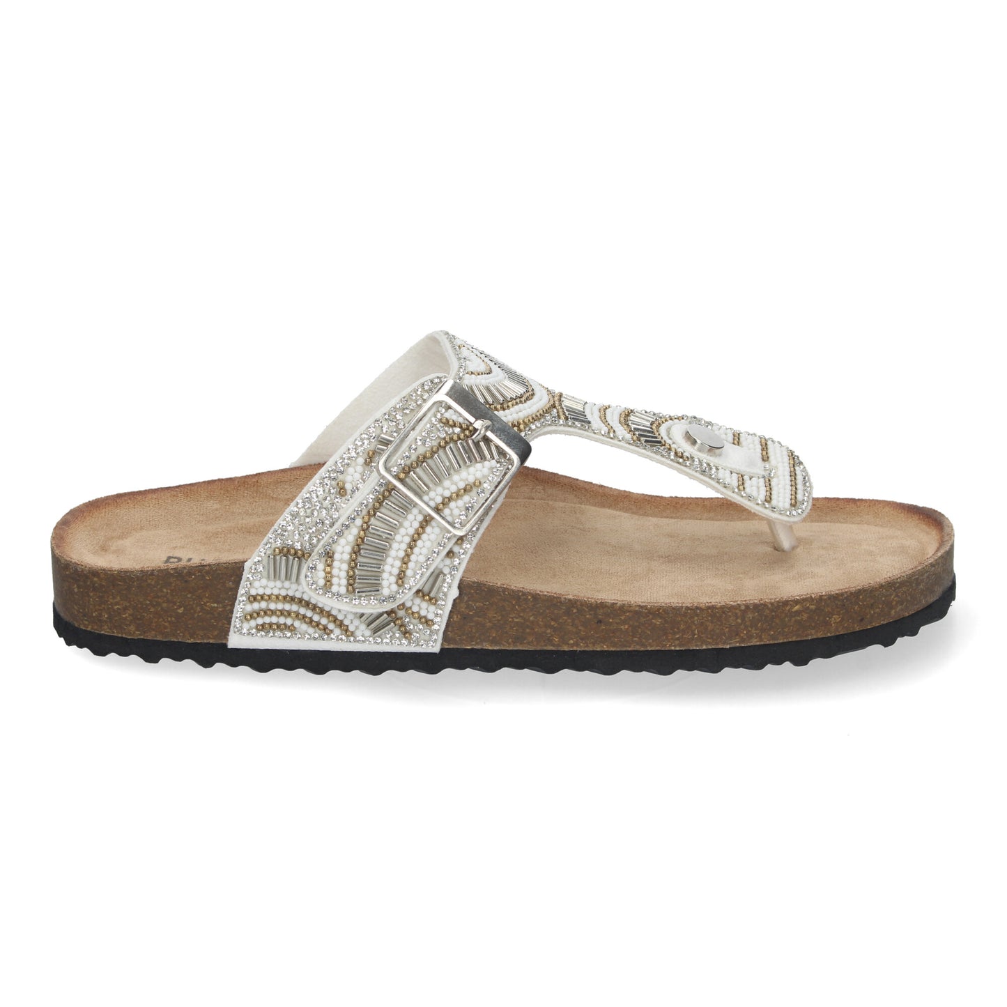 Sandalia Plana para Mujer con Planta Bio Cómoda Estilo Esclava con Piedras de Strass en la Pala y Detalle de Hebilla.