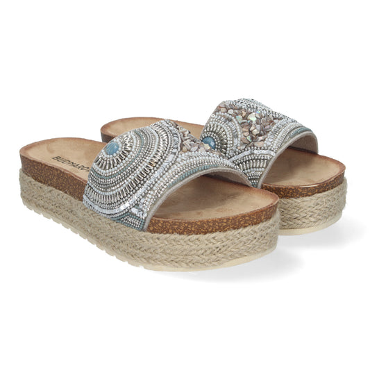 Sandalia Plana de Mujer Cómoda y Elegante Diseño Moderno Estilo Bio Forrada de Yute y con Piedras de Strass en la Pala.