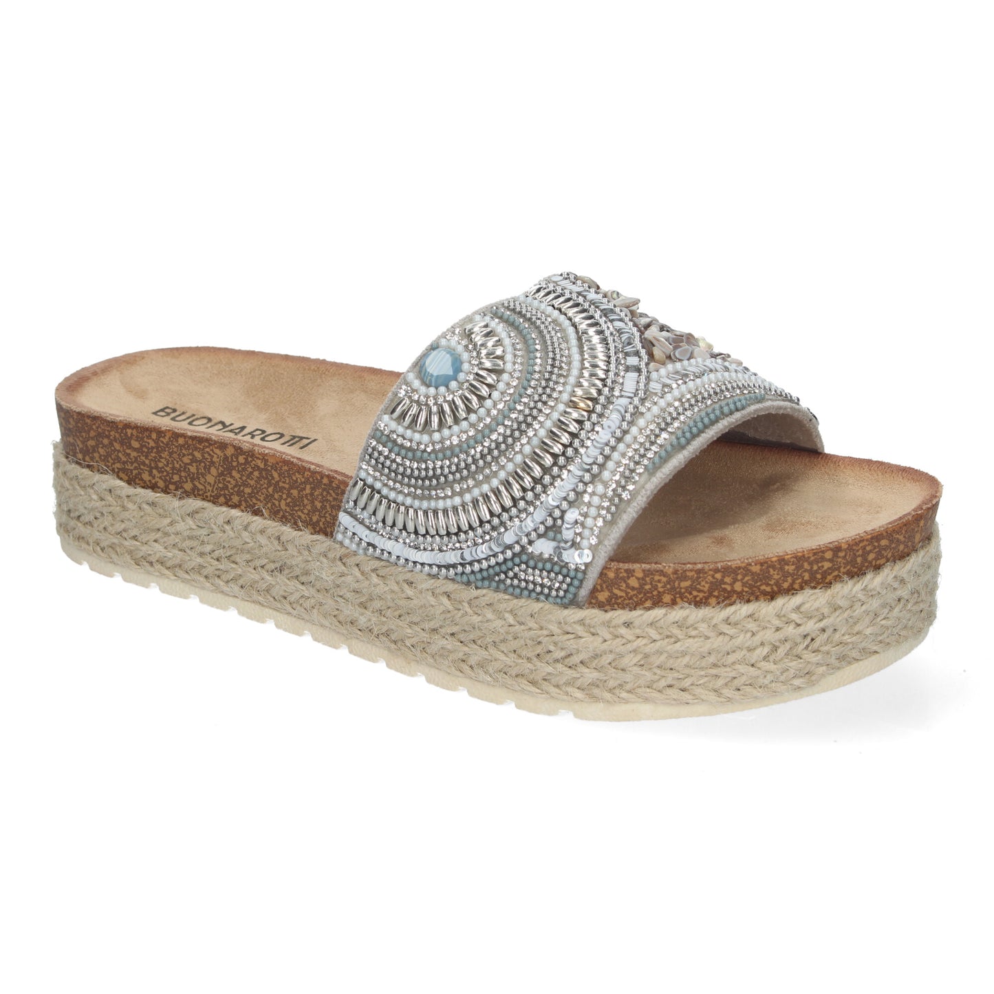 Sandalia Plana de Mujer Cómoda y Elegante Diseño Moderno Estilo Bio Forrada de Yute y con Piedras de Strass en la Pala.