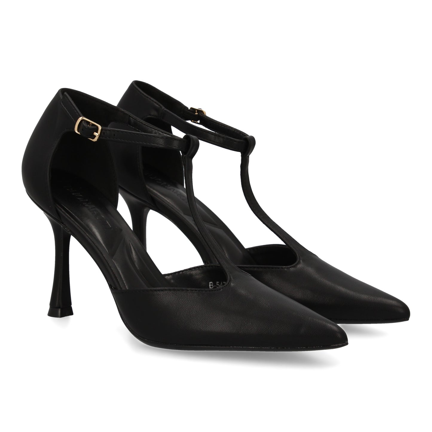 Stiletto salón negro mujer, tacón fino, punta afilada y correa en T ajustable, otoño invierno.