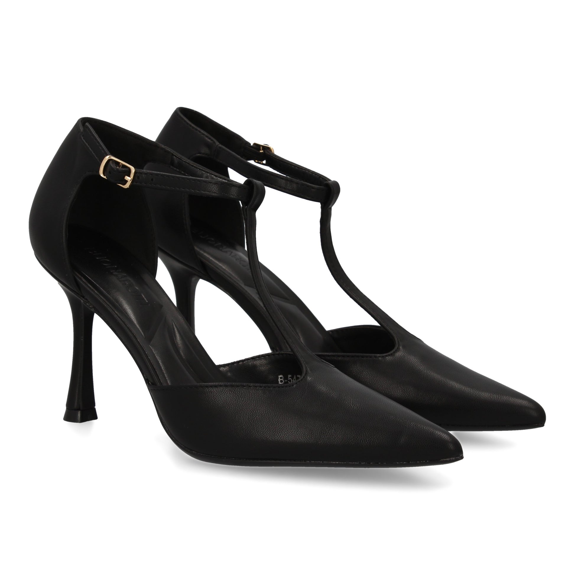 Stiletto salón negro mujer, tacón fino, punta afilada y correa en T ajustable, otoño invierno.