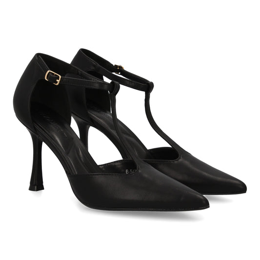 Stiletto salón negro mujer, tacón fino, punta afilada y correa en T ajustable, otoño invierno.