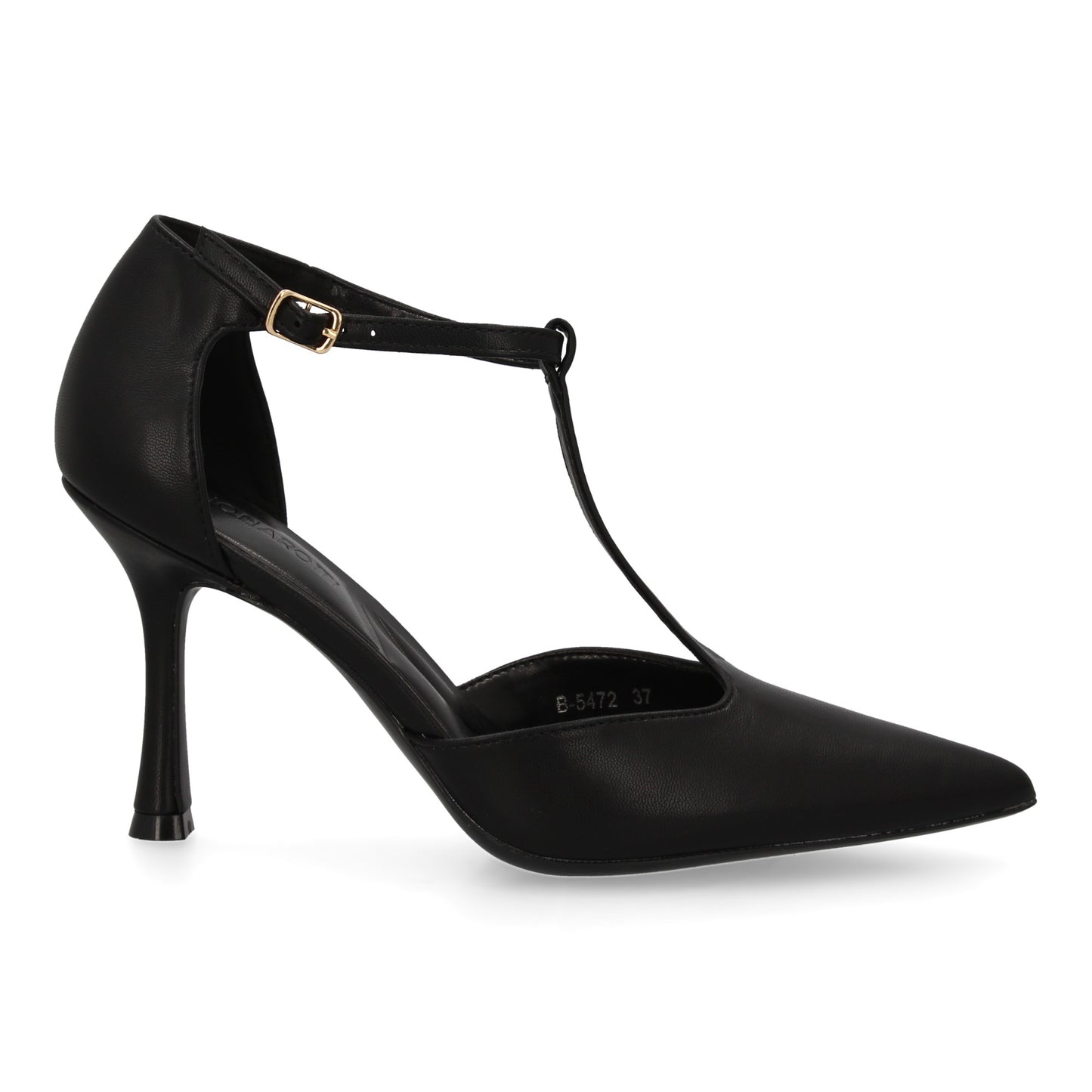Stiletto Salón Negro Clásico con Correa en T