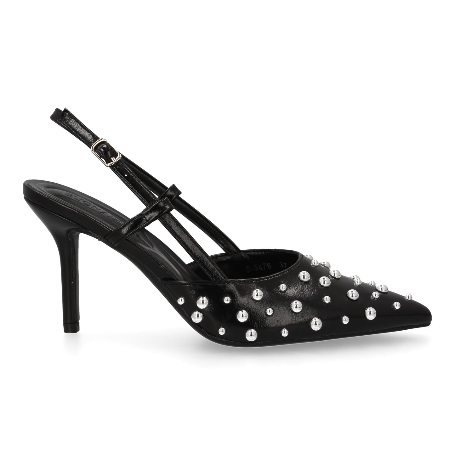 Stiletto Negro Mujer con Tacón Fino y Detalle Metálico