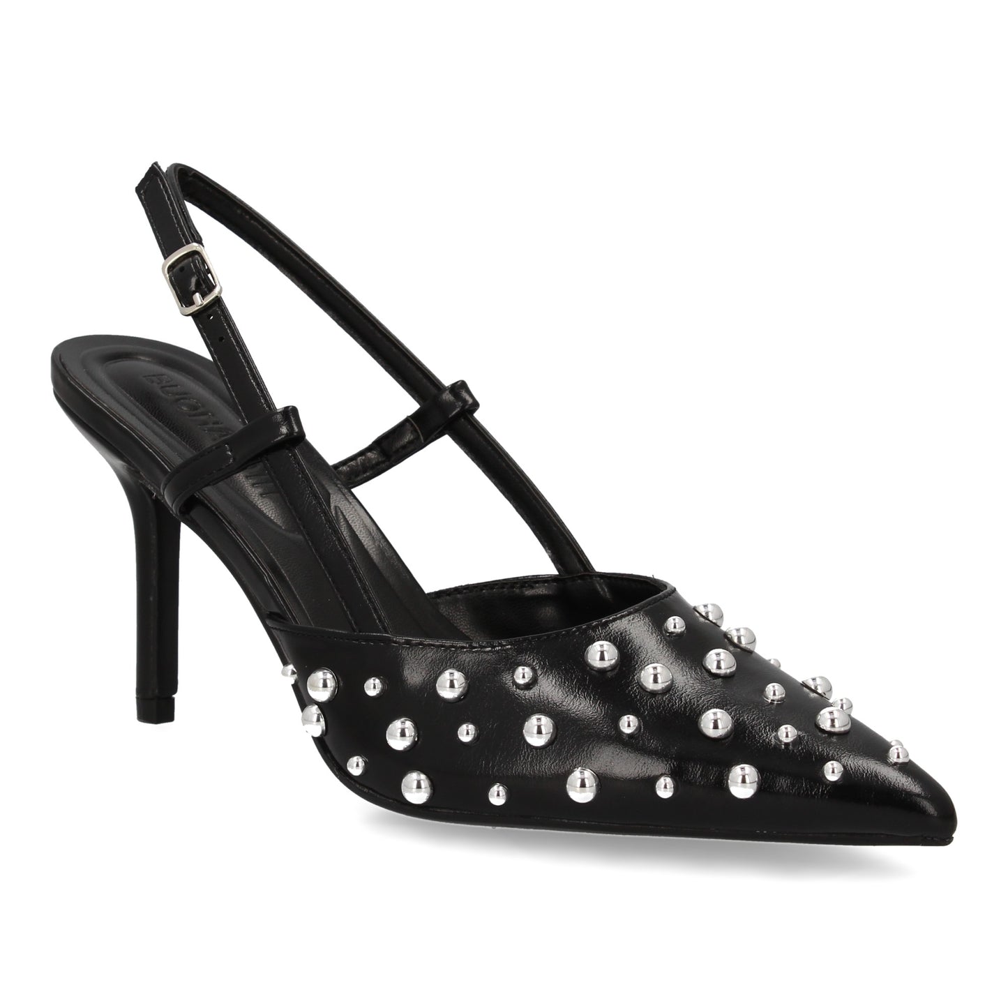 Stiletto Negro Mujer con Tacón Fino y Detalle Metálico