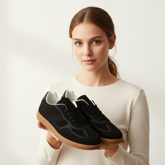 Botín de mujer estilo chunky en color negro con suela dentada y cremallera.