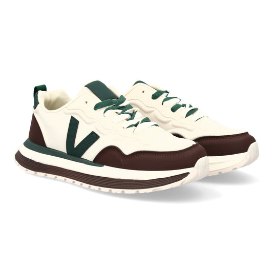 Zapatilla deportiva de hombre café con suela dentada y cierre de cremallera.