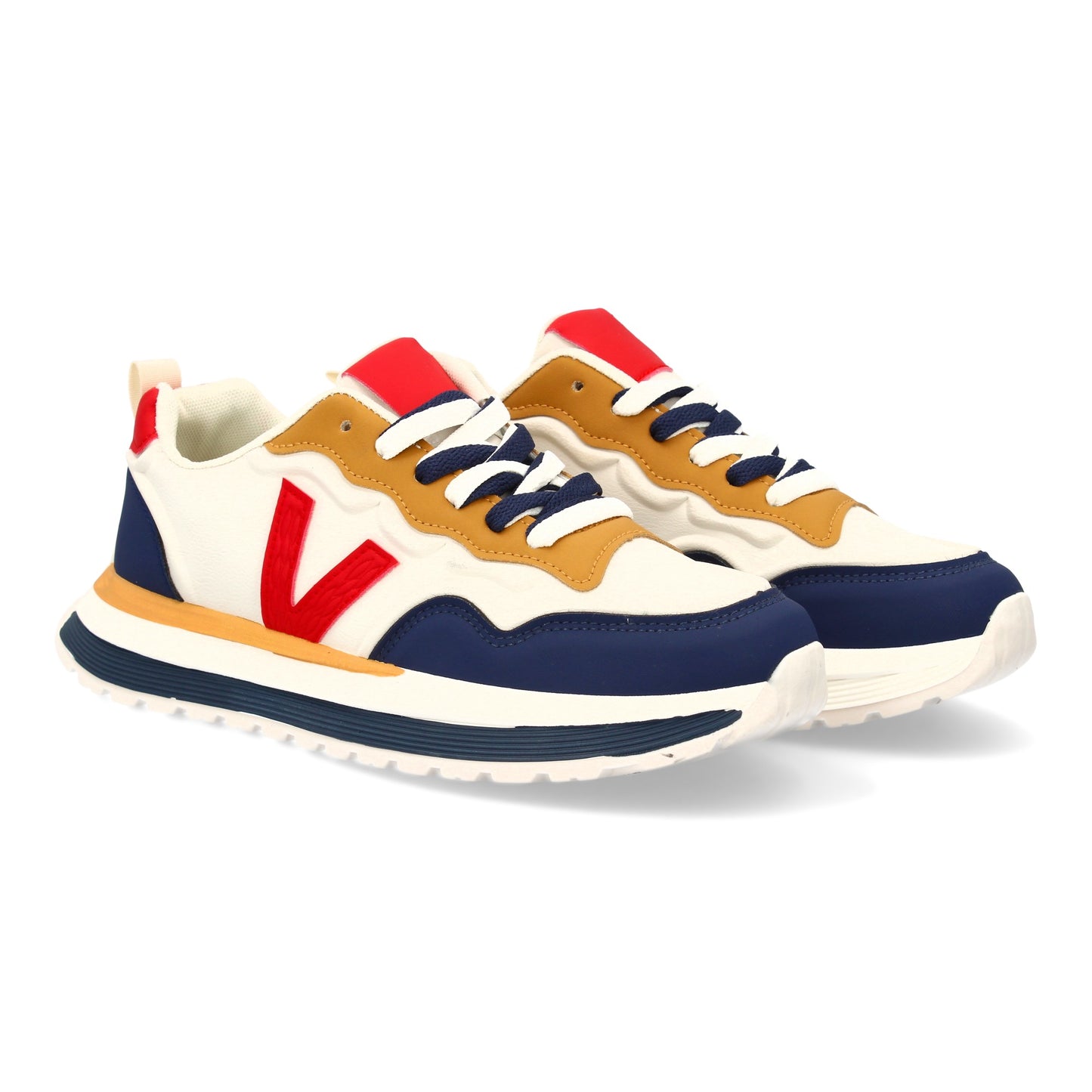 Zapatilla deportiva de hombre roja con suela dentada y cierre de cremallera.