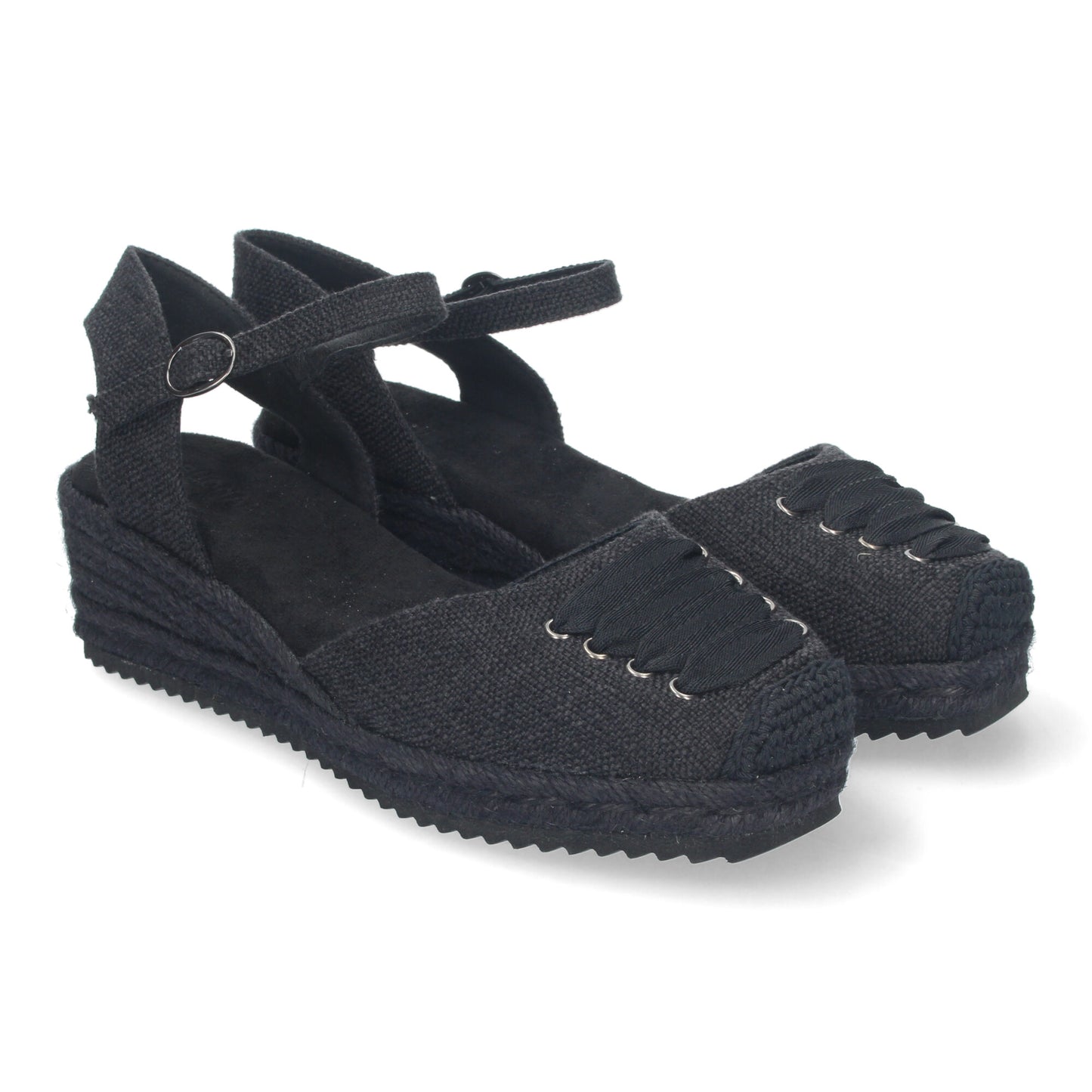 Sandalia de Cuña para Mujer Cómoda y Elegante Forrada de Yute con Adorno en la Pala y Cierre de Hebilla color Negro