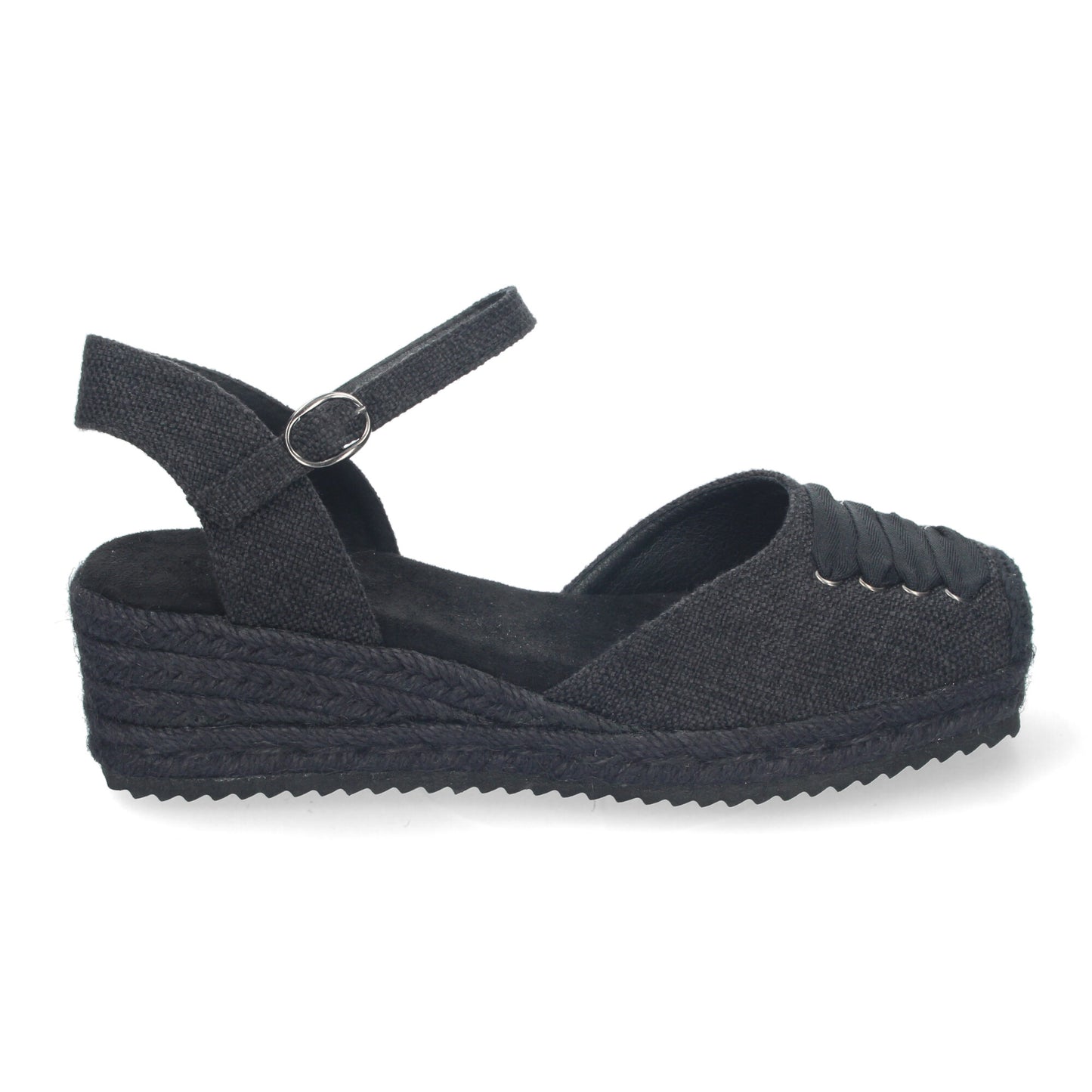 Sandalia de Cuña para Mujer Cómoda y Elegante Forrada de Yute con Adorno en la Pala y Cierre de Hebilla color Negro