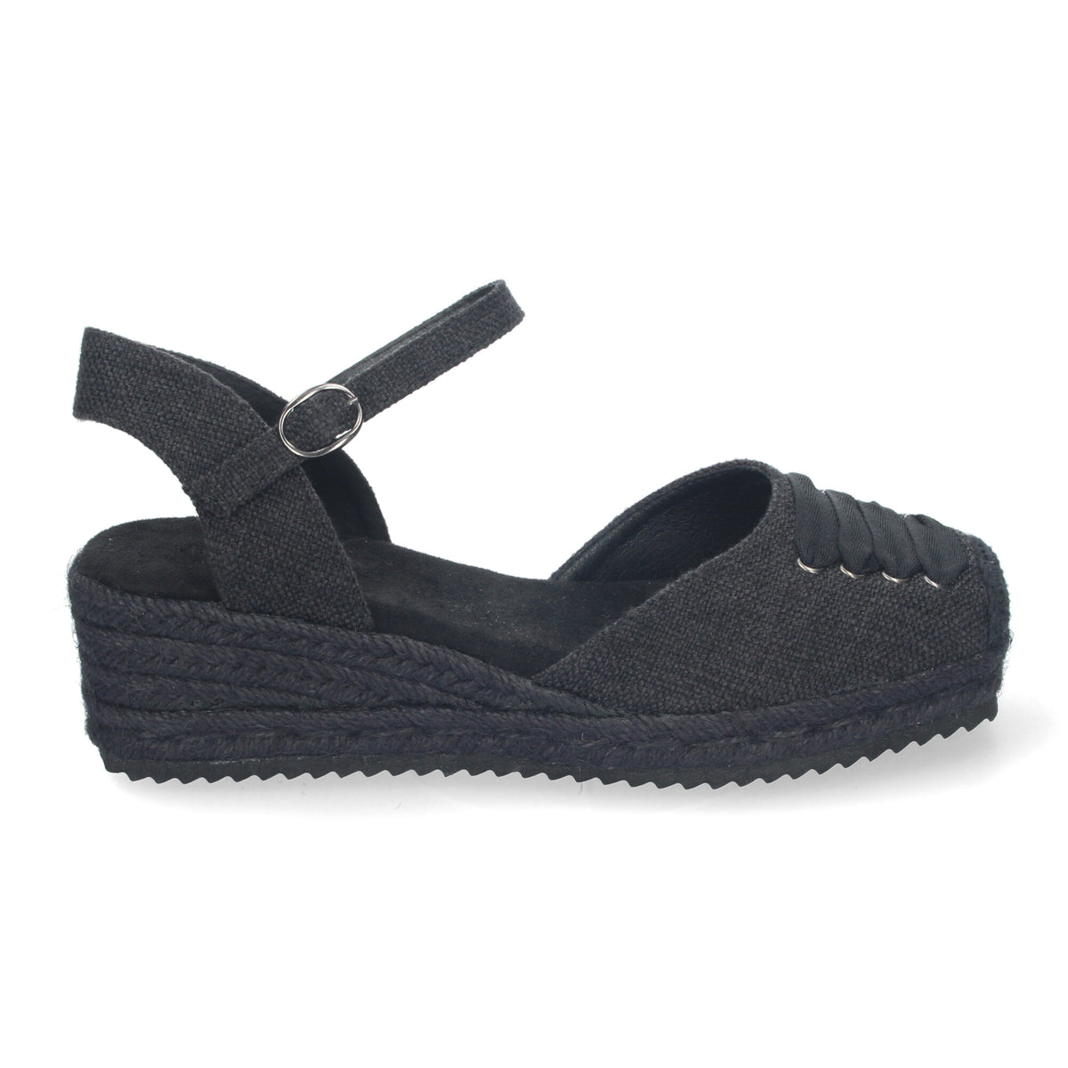 Sandalia de Cuña para Mujer Cómoda y Elegante Forrada de Yute con Adorno en la Pala y Cierre de Hebilla color Negro