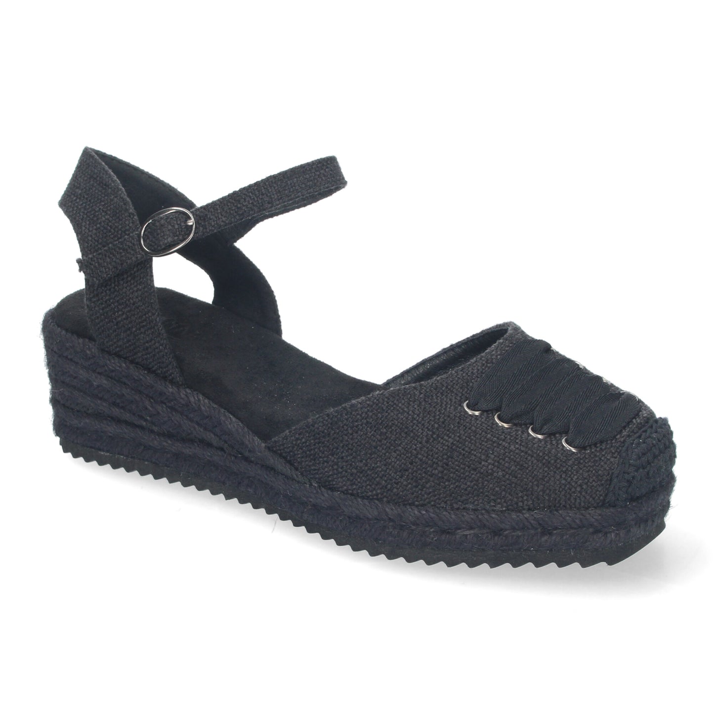 Sandalia de Cuña para Mujer Cómoda y Elegante Forrada de Yute con Adorno en la Pala y Cierre de Hebilla color Negro