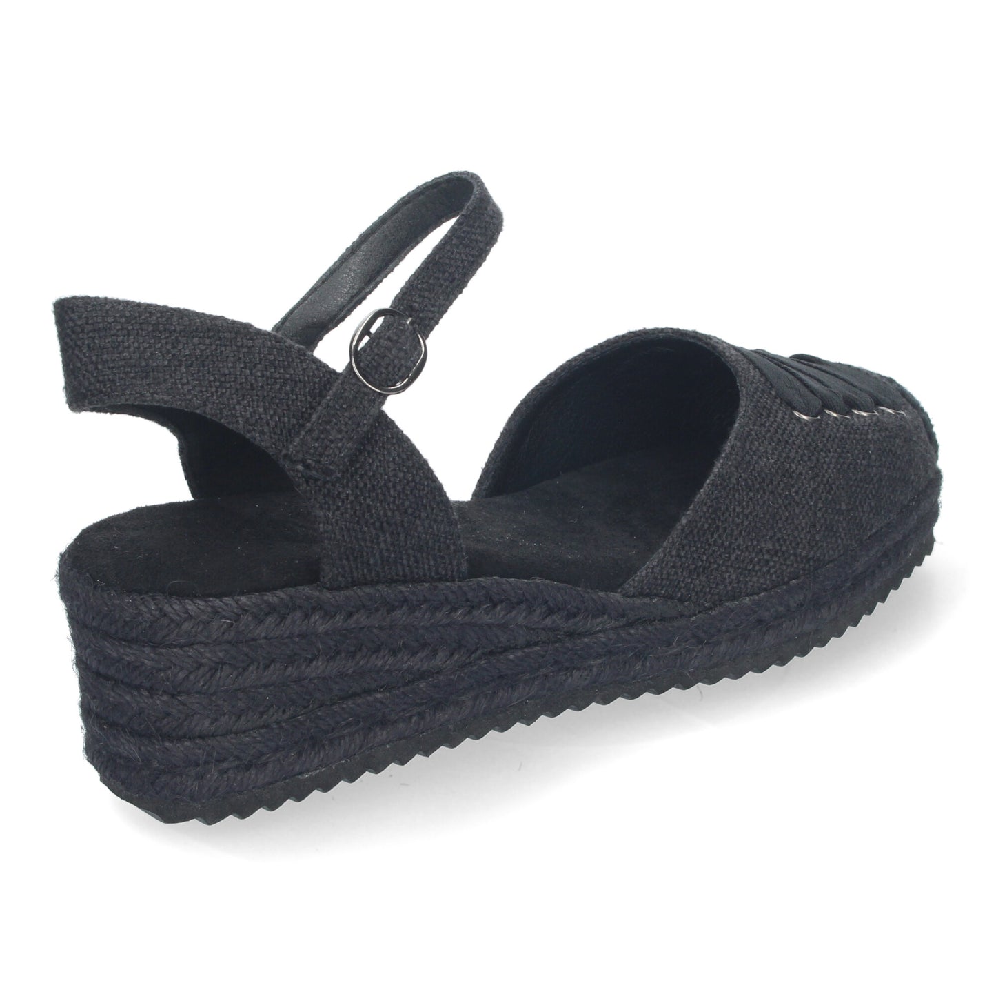 Sandalia de Cuña para Mujer Cómoda y Elegante Forrada de Yute con Adorno en la Pala y Cierre de Hebilla color Negro