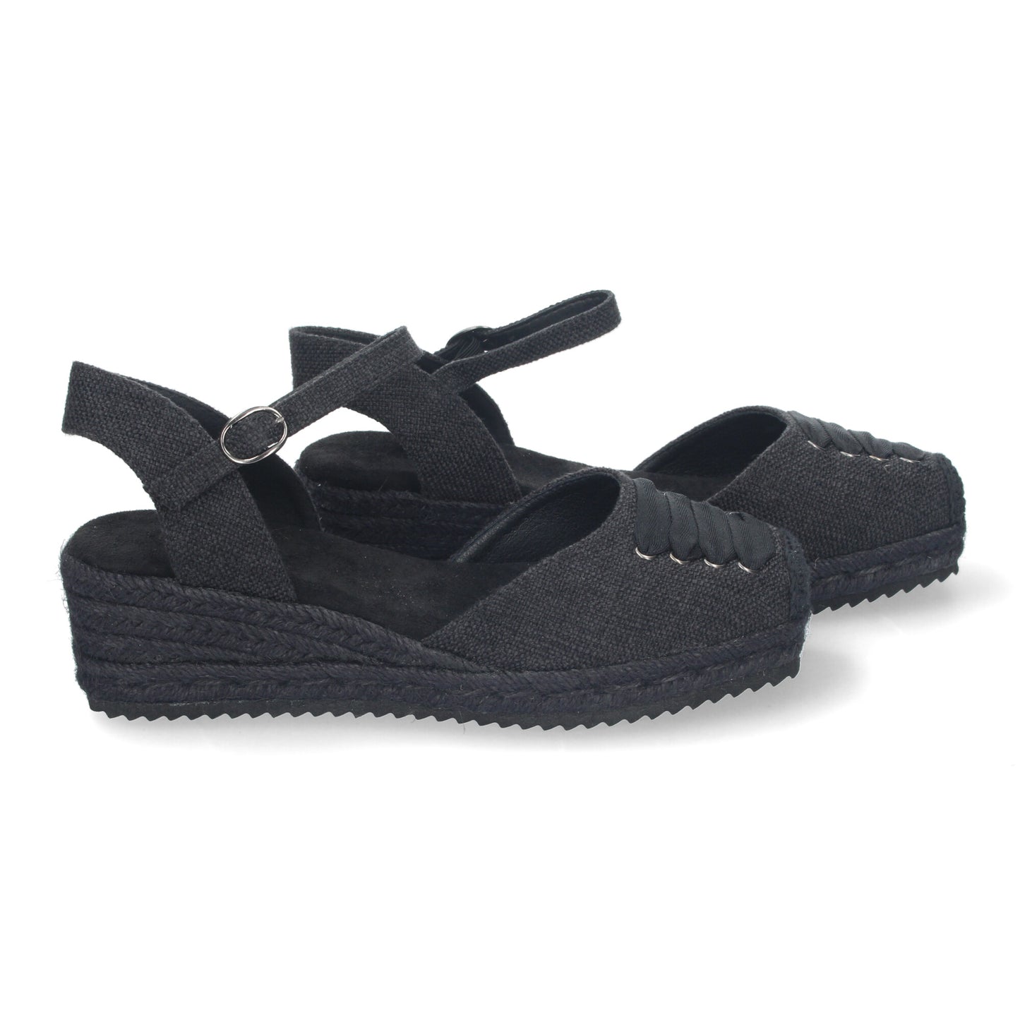 Sandalia de Cuña para Mujer Cómoda y Elegante Forrada de Yute con Adorno en la Pala y Cierre de Hebilla color Negro