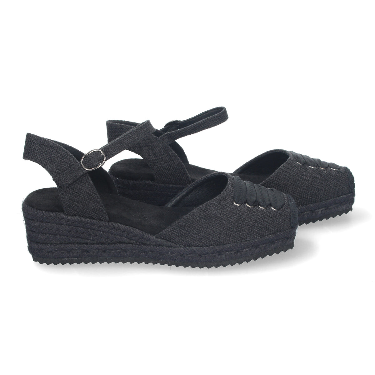 Sandalia de Cuña para Mujer Cómoda y Elegante Forrada de Yute con Adorno en la Pala y Cierre de Hebilla color Negro