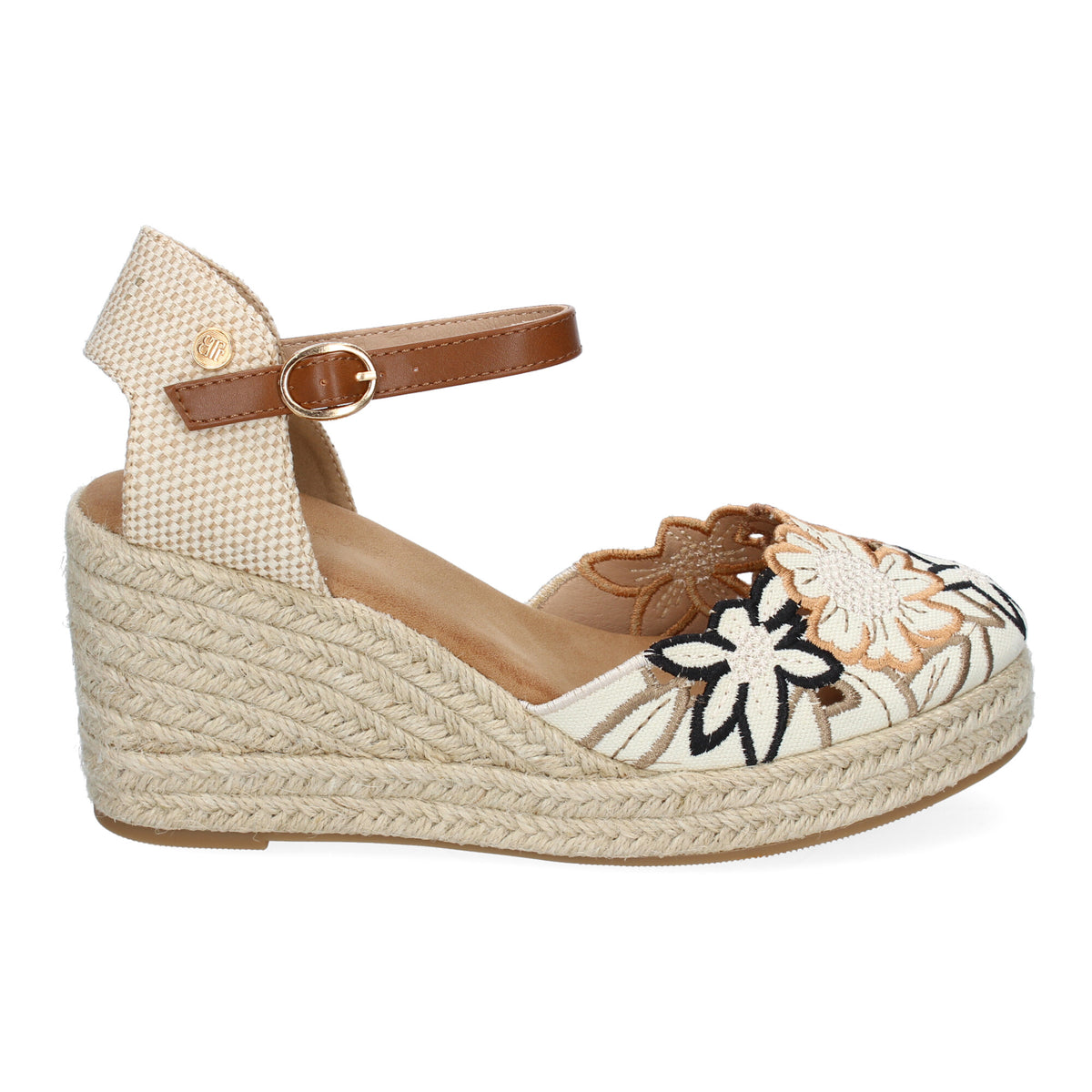 Sandalias Valencianas Camel de Cuña con Flores Bordadas