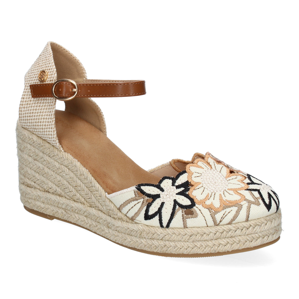 Sandalias Valencianas Camel de Cuña con Flores Bordadas