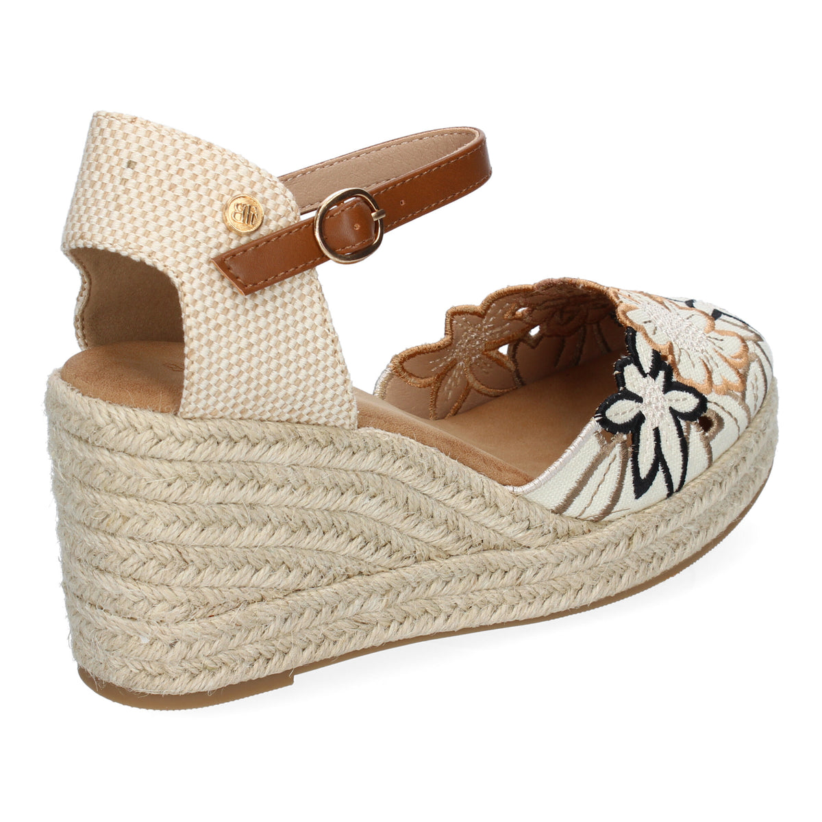 Sandalias Valencianas Camel de Cuña con Flores Bordadas