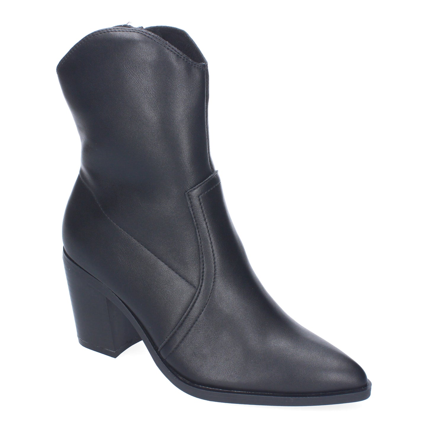 Botín de tacón elegante para mujer en color negro con detalles de costura y punta fina.