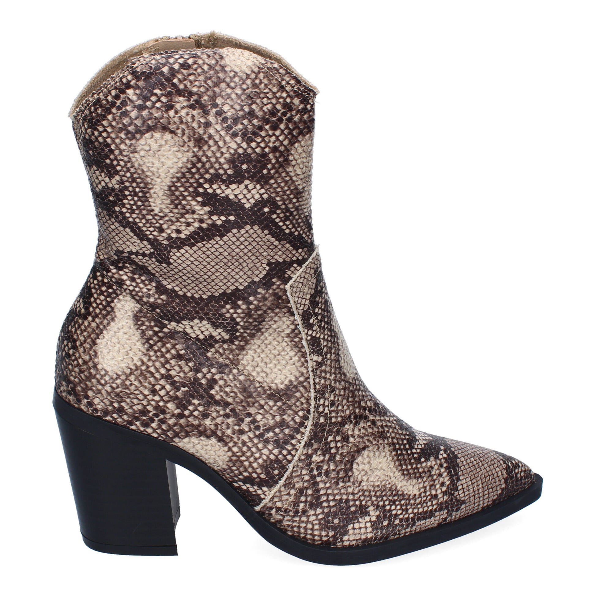 Botín de tacón elegante para mujer con estampado de serpiente y punta fina.