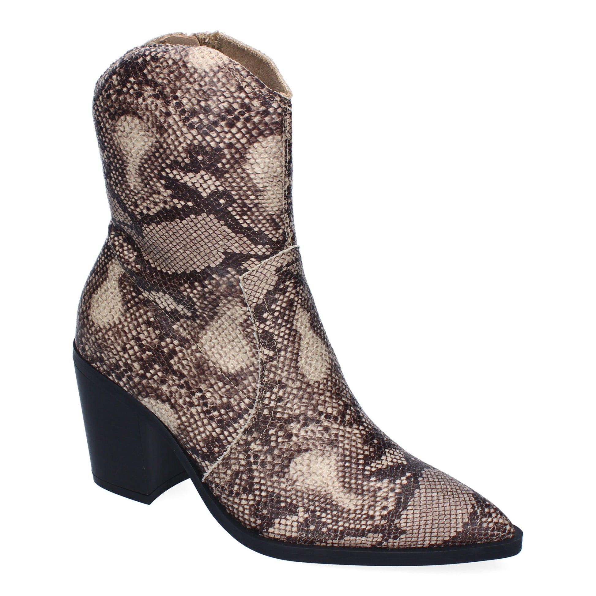 Botín de tacón elegante para mujer con estampado de serpiente y punta fina.