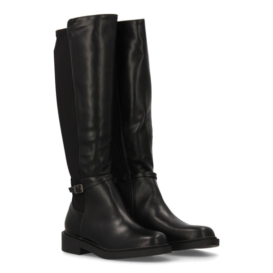 Bota alta negra ecuestre para mujer con caña elástica y hebilla.