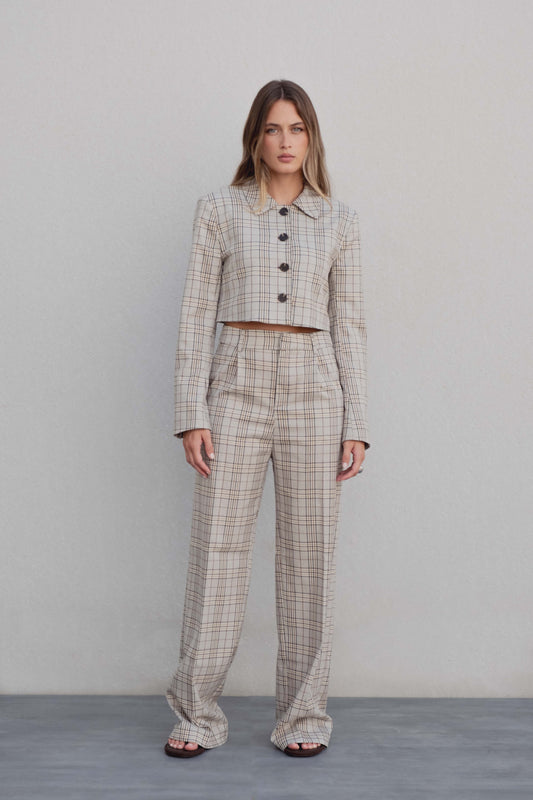 Pantalón pinzas cuadros mujer tiro alto pernera ancha