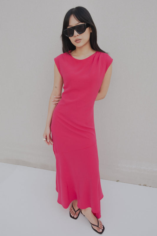 Vestido midi asimétrico con pliegues en el hombro para mujer