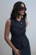 Chaleco cruzado de efecto denim con cuello redondo y botones para mujer