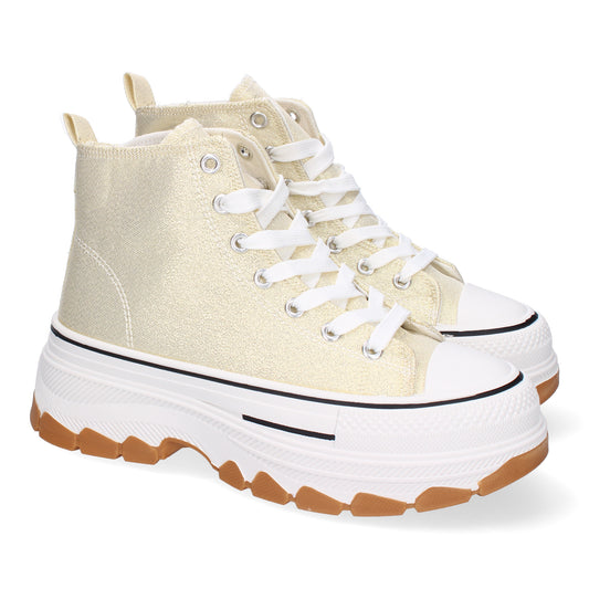 Zapatilla abotinada de plataforma para mujer en color oro, estilo bamba de lona.