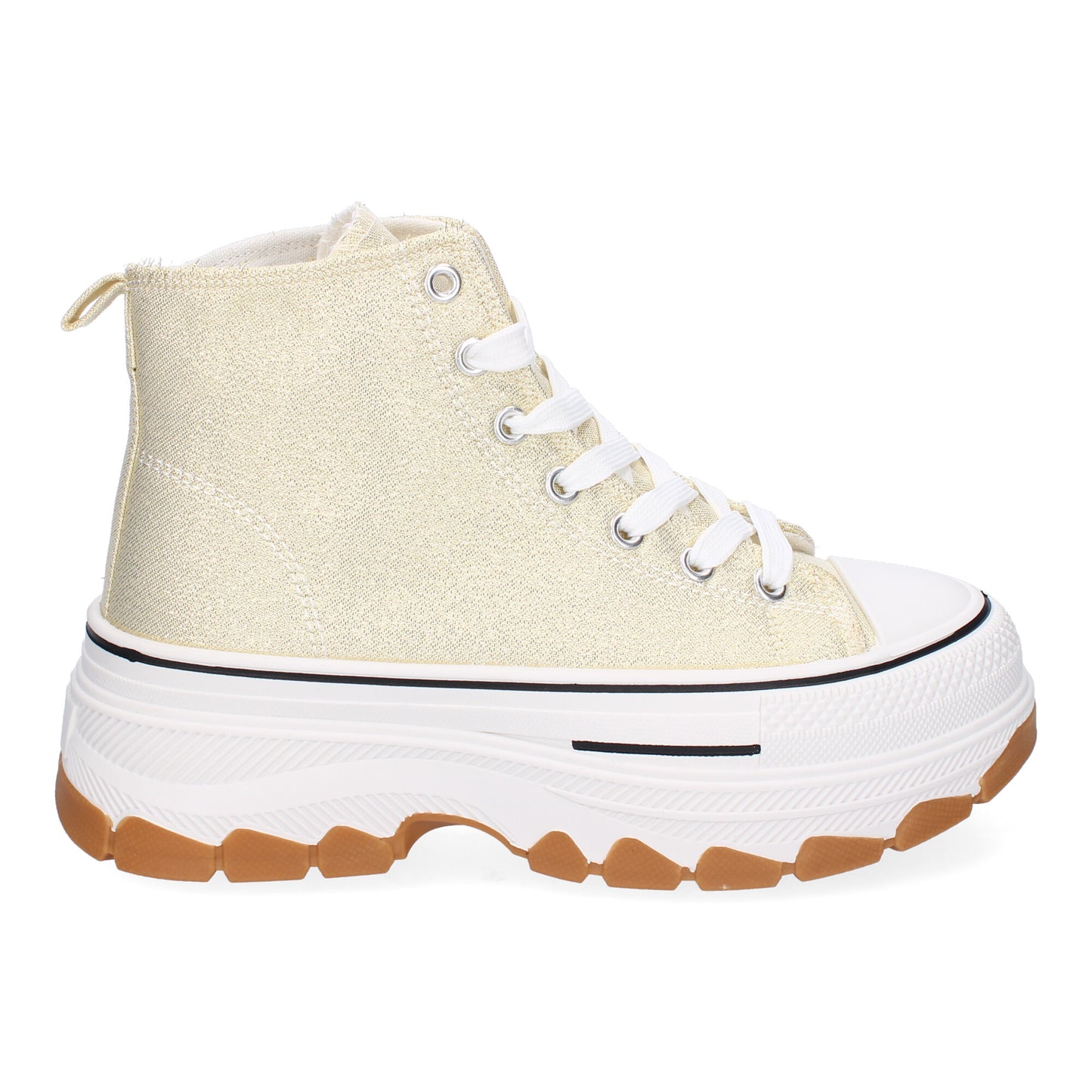 Zapatilla abotinada de plataforma para mujer en color oro, estilo bamba de lona.