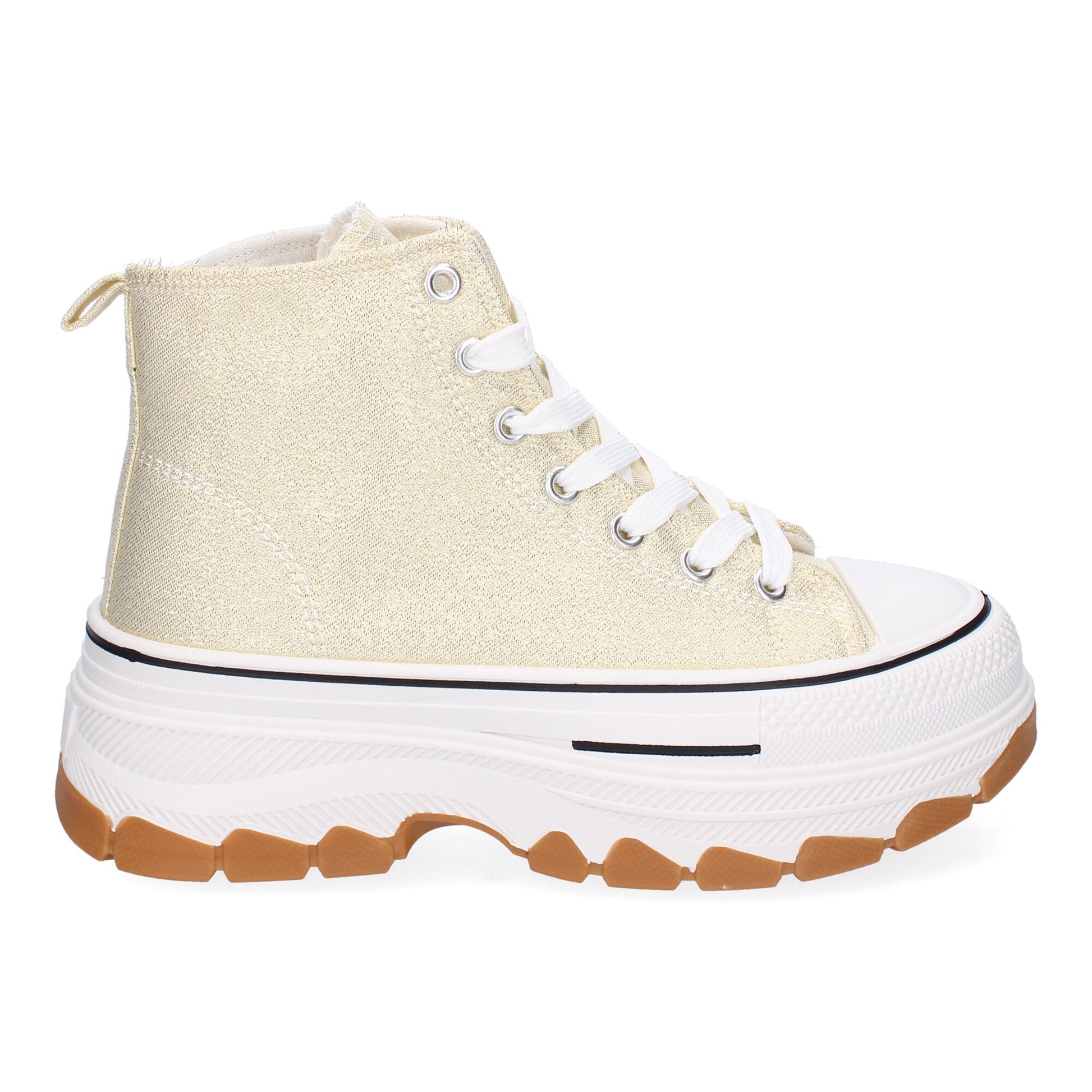 Zapatilla abotinada de plataforma para mujer en color oro, estilo bamba de lona.