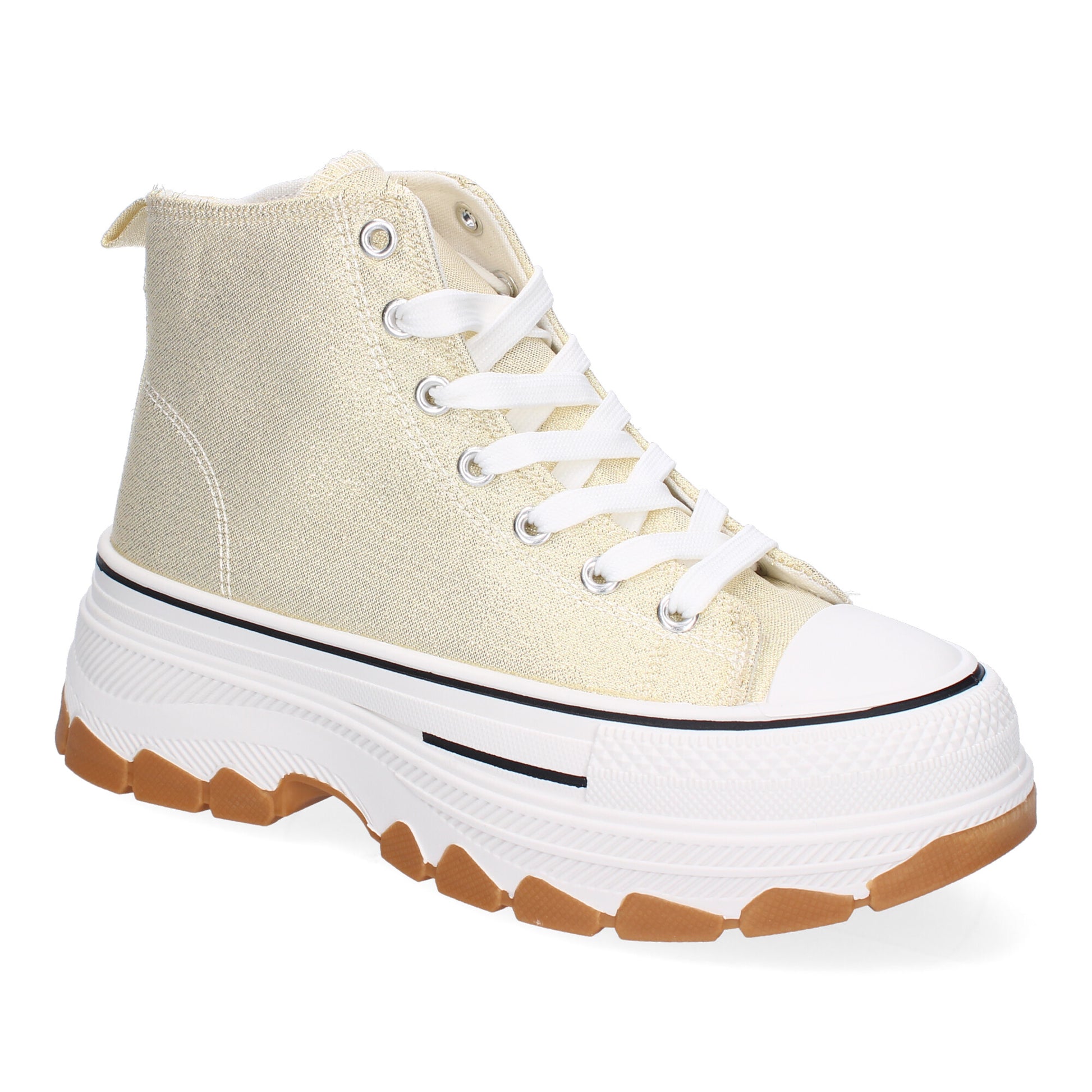 Zapatilla abotinada de plataforma para mujer en color oro, estilo bamba de lona.