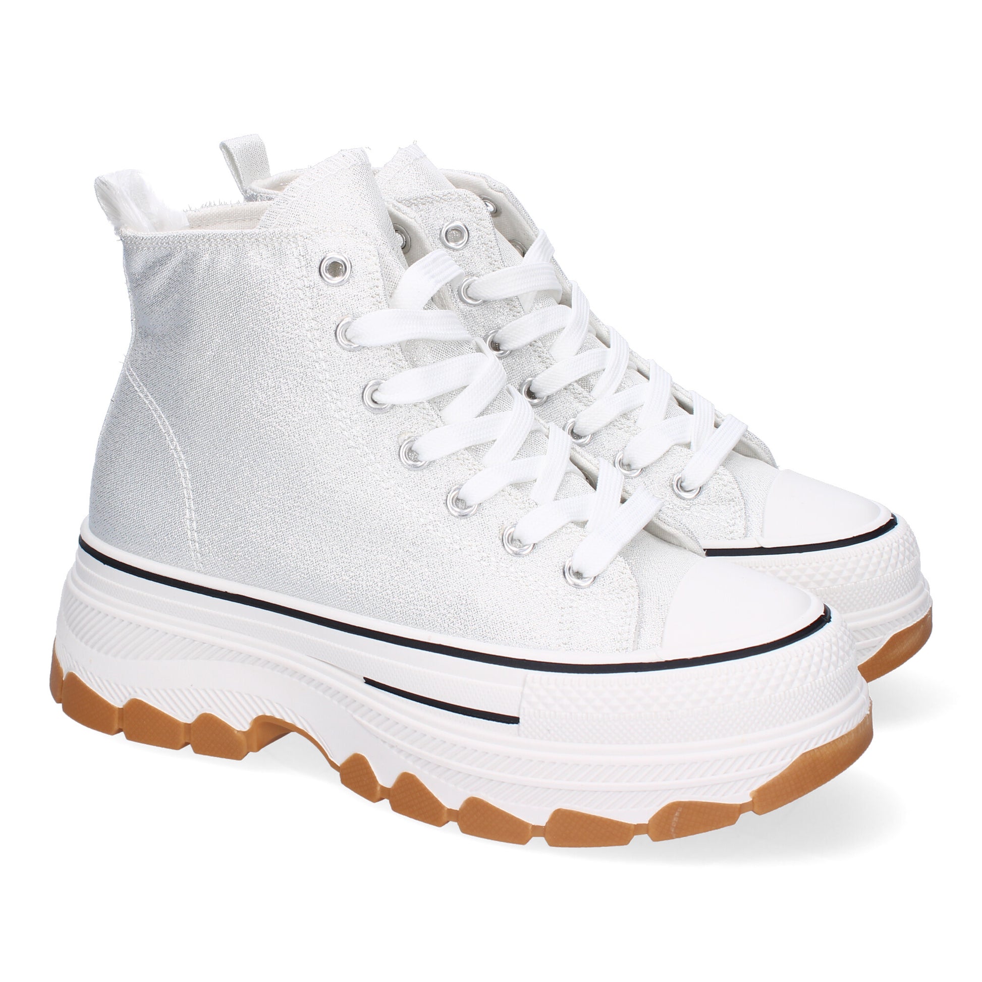 Zapatilla abotinada de plataforma para mujer en color plata, estilo bamba de lona.