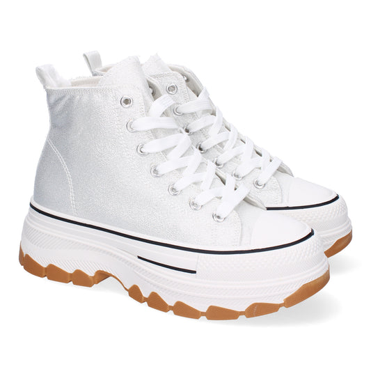 Zapatilla abotinada de plataforma para mujer en color plata, estilo bamba de lona.
